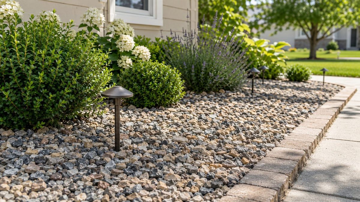 Decorative gravel bed for a guide about rock glue and weeds.