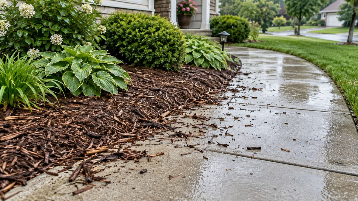 Brown hardwood mulch washed from a residential flower bed onto a damp concrete sidewalk after rain.