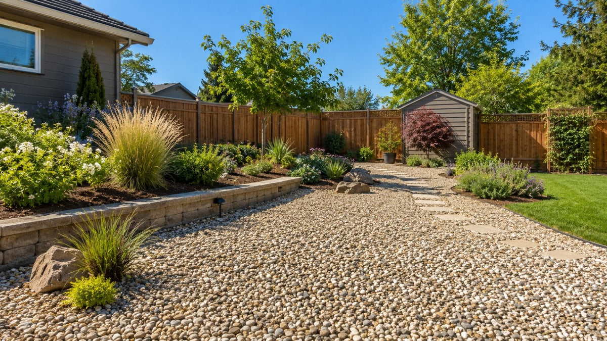 wide-angle view of a sunny yard with professionally finished rock landscaping