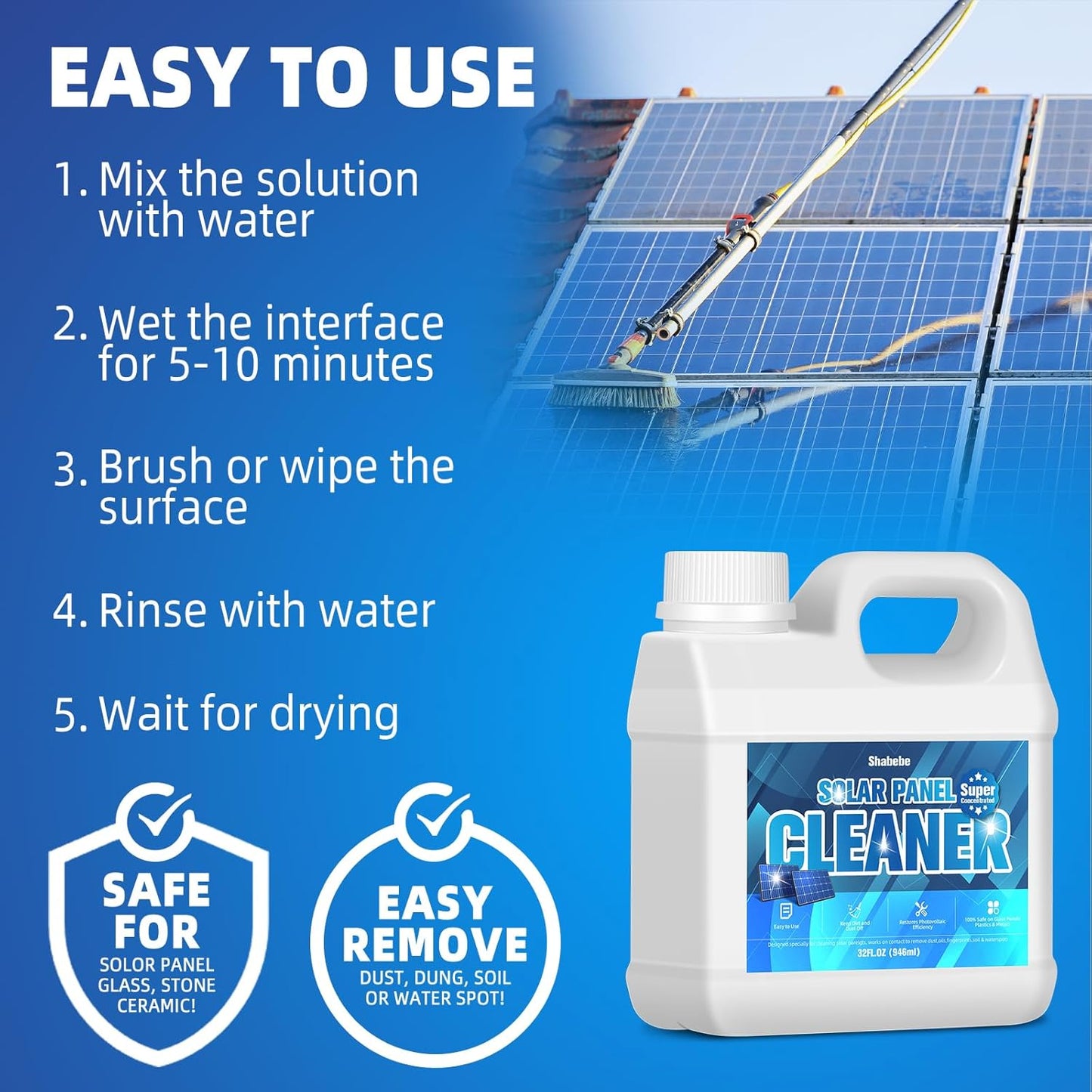 Shabebe Solar Panel Cleaner 32oz (Makes 150 Gallons) - 20X Strength Super Concentrated Glass & Solar Panel Cleaning