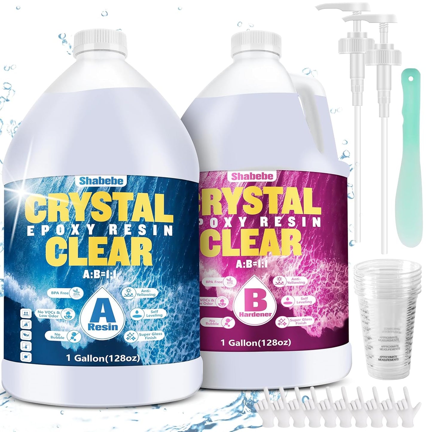 Shabebe Epoxy Resin 2 Gallon Kit, Upgraded Crystal Clear Resin Epoxy Food Safe with Pump