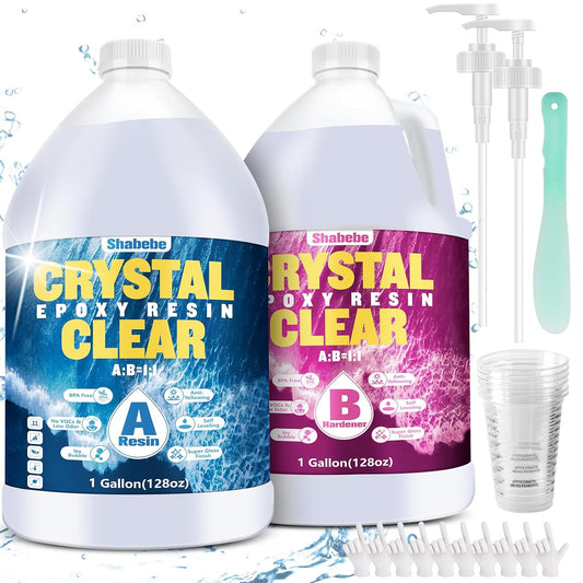 Shabebe Epoxy Resin 2 Gallon Kit, Upgraded Crystal Clear Resin Epoxy Food Safe with Pump