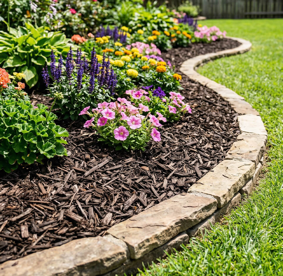Garden bed with mulch, and colorful flowers