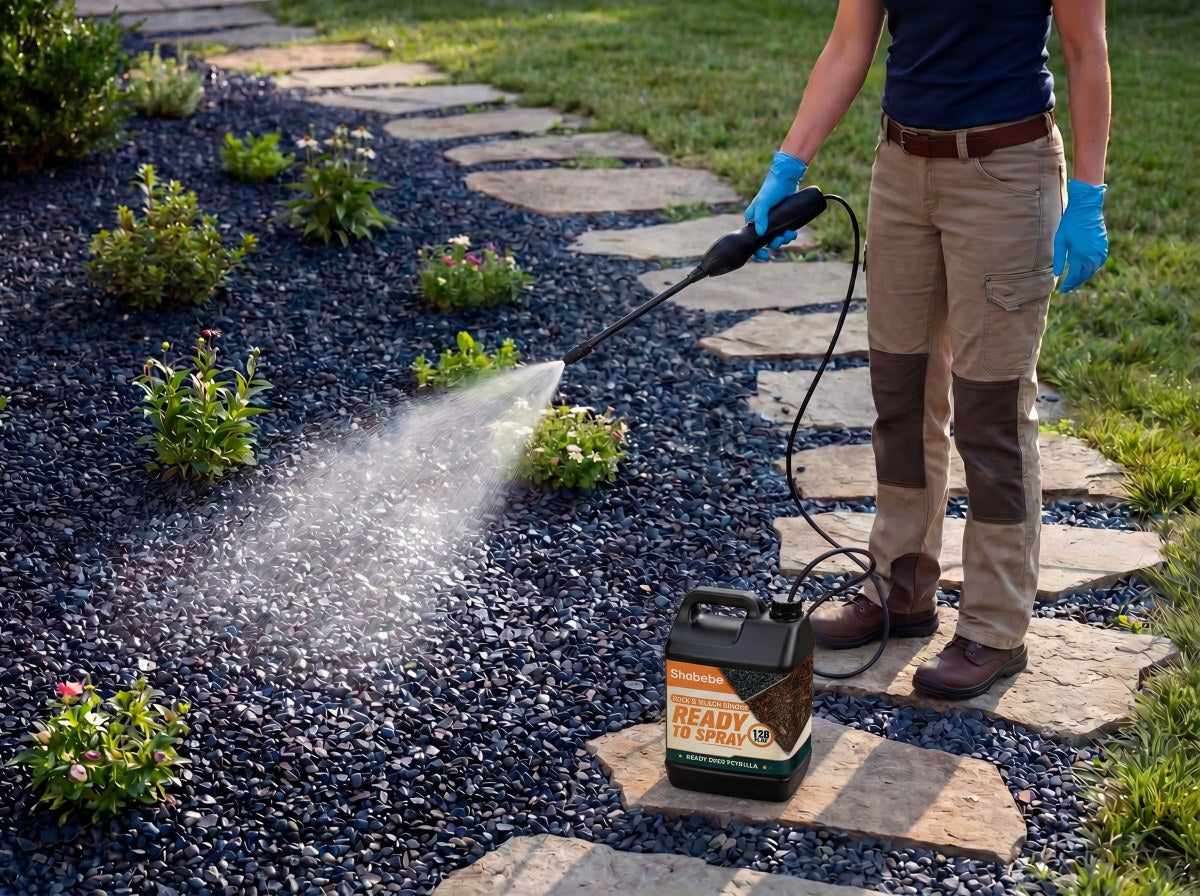 Applying a second coat of Shabebe Rock Glue with an electric sprayer