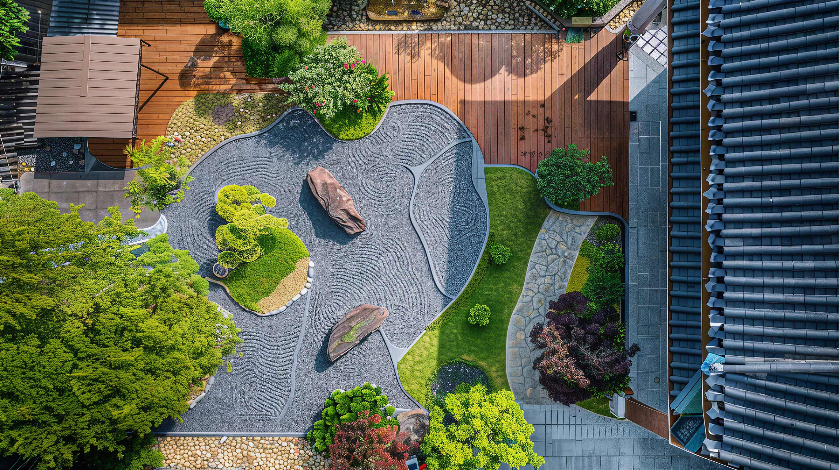 Top-down view of a home garden landscape with mulch and decorative rocks neatly arranged, showing a clean and well-maintained outdoor space designed for long-lasting outdoor living.