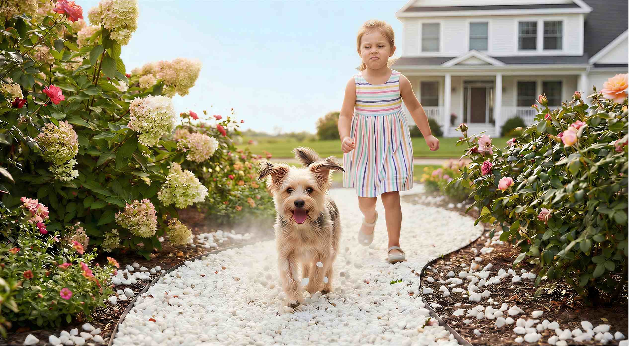 Children and a dog running along a gravel pathway, with stones scattered and spilling into the surrounding garden bed before rock glue application.