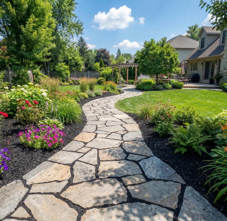 Stone pathway winding through a garden with flowers and trees on a sunny day.