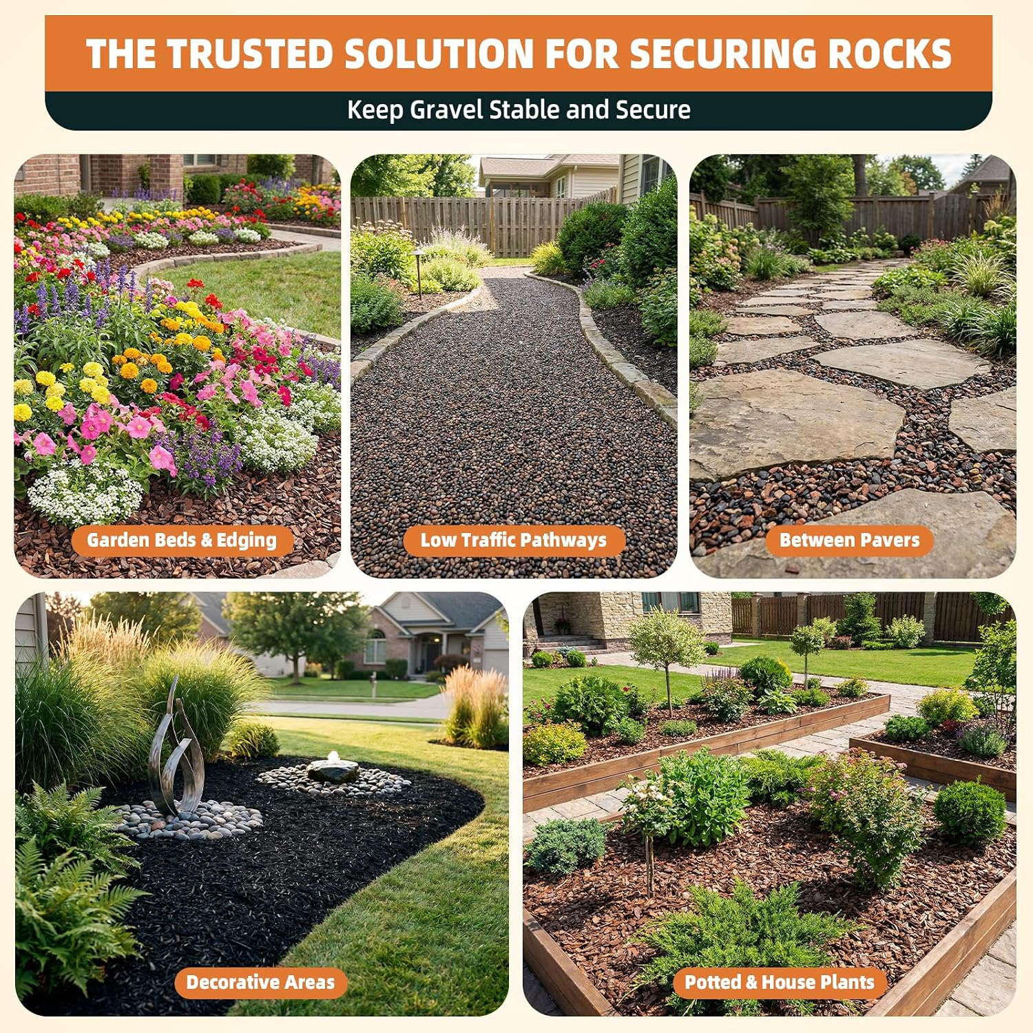 Mulch and rock glue applications for garden beds, pathways, pavers and decorative areas