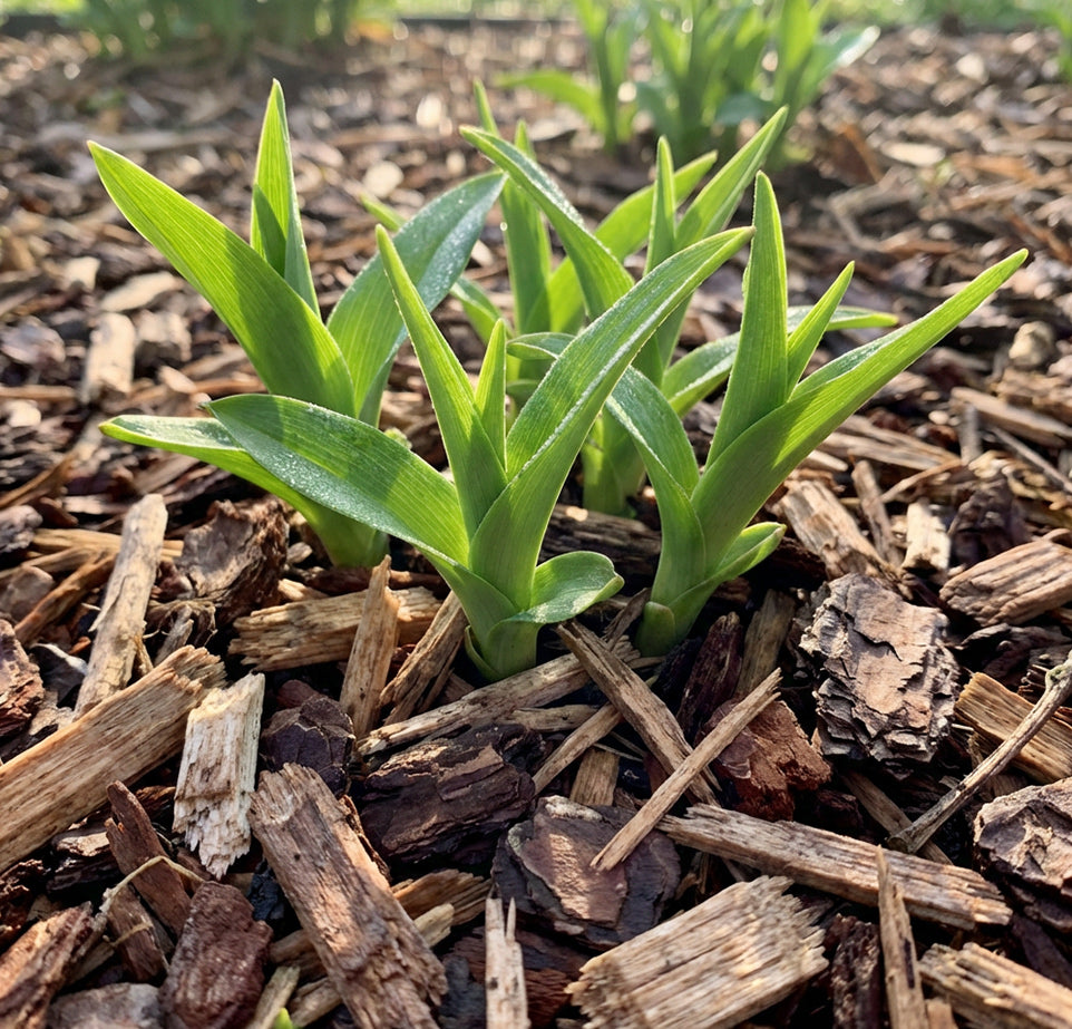 Young green plants emerging from mulch