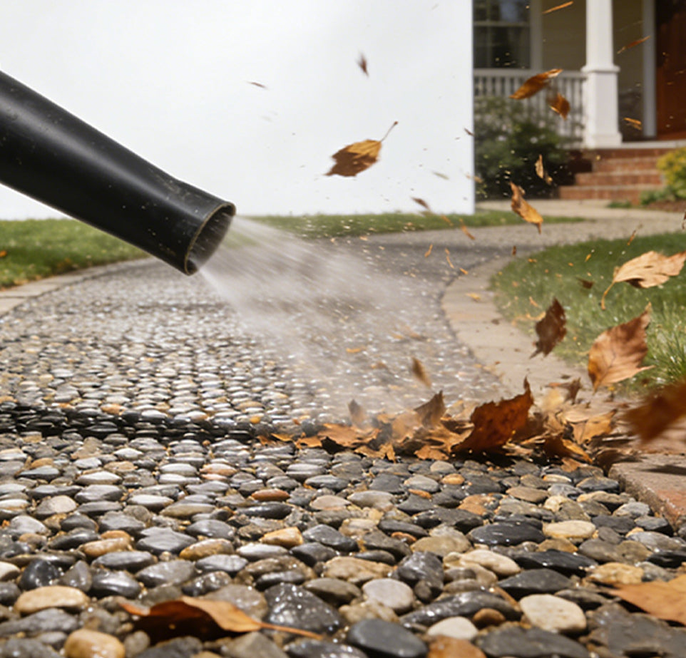 Person using a leaf blower to clear leaves from a gravel pathway, with rocks held in place by rock glue, demonstrating low-maintenance landscaping.