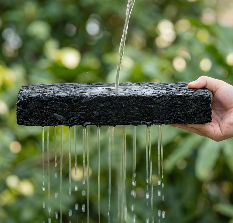 Person holding a mulch block treated with mulch glue as water flows through it, demonstrating that mulch glue does not block water penetration.