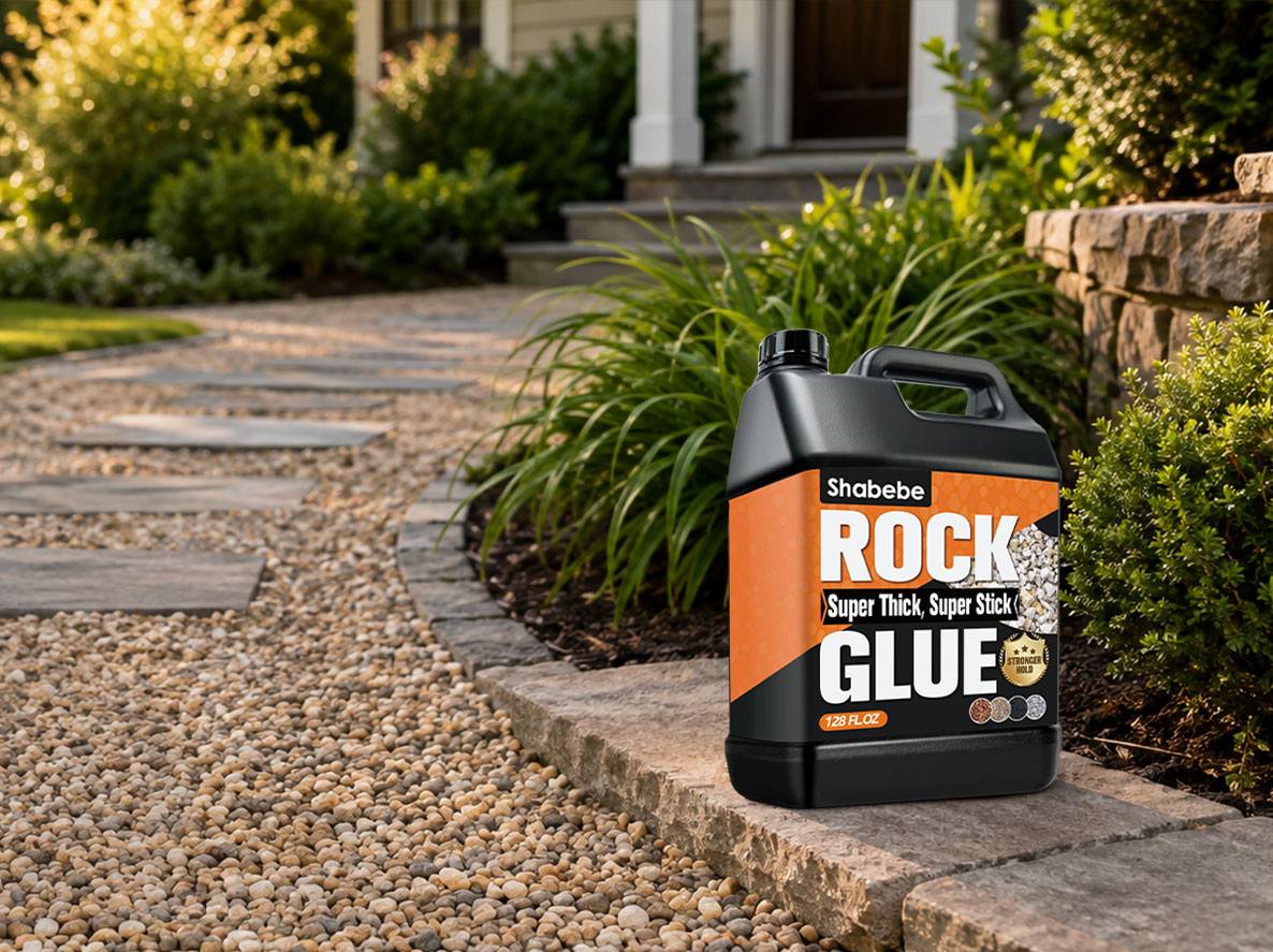 A bottle of Shabebe Rock Glue stands on a stone border next to a gravel path in a landscaped garden setting.