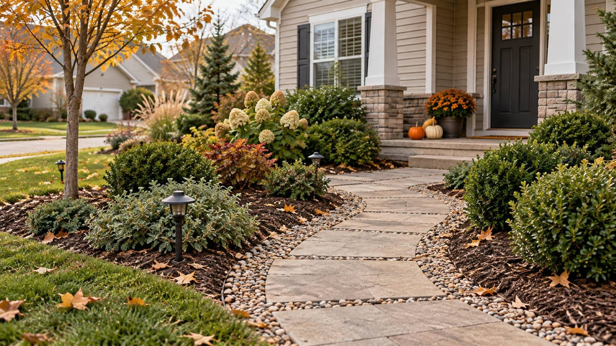 Autumn front yard with brown mulch beds and a gravel walkway near the entrance.