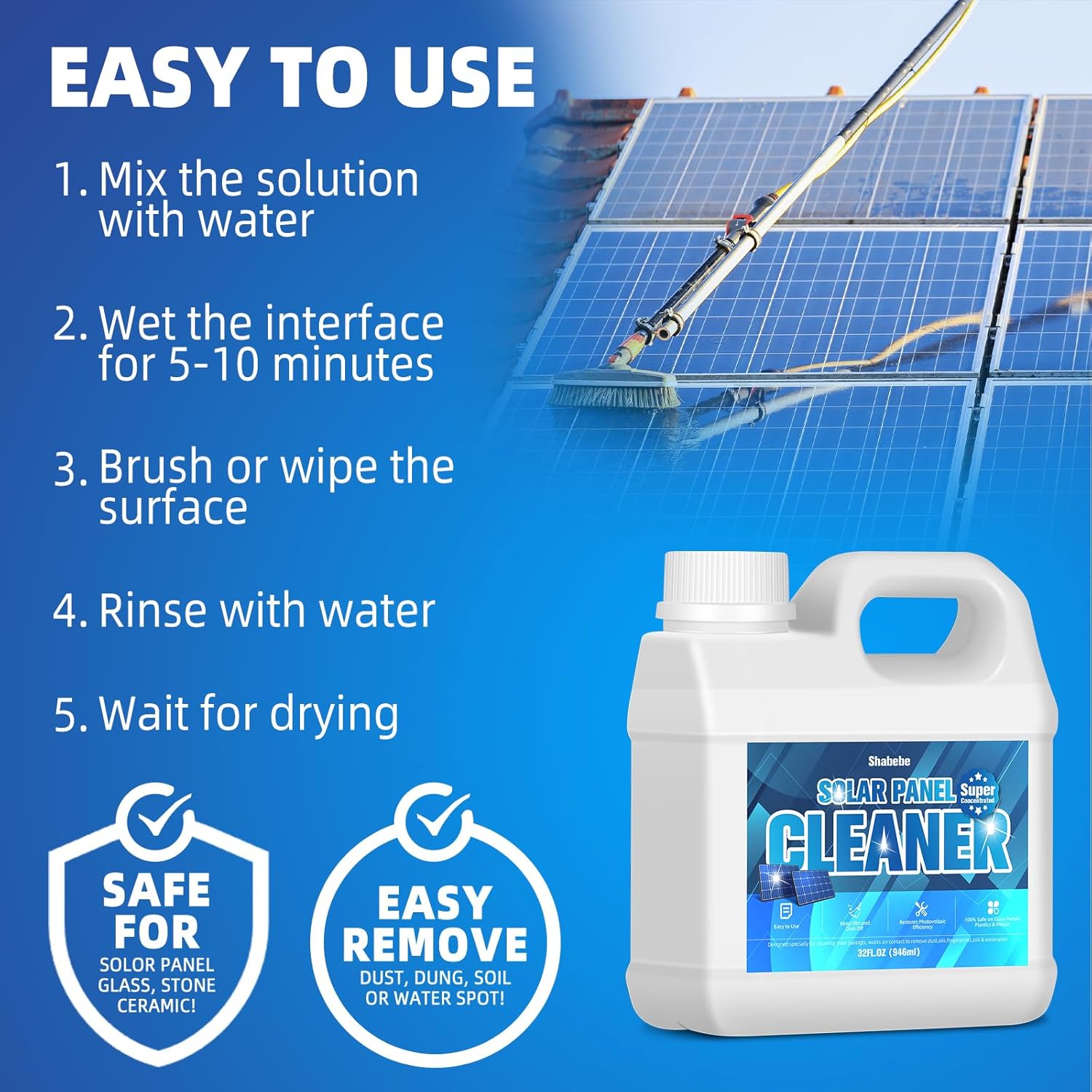 Shabebe Solar Panel Cleaner 32 oz - 20X Concentrated (Makes 150 Gallons)