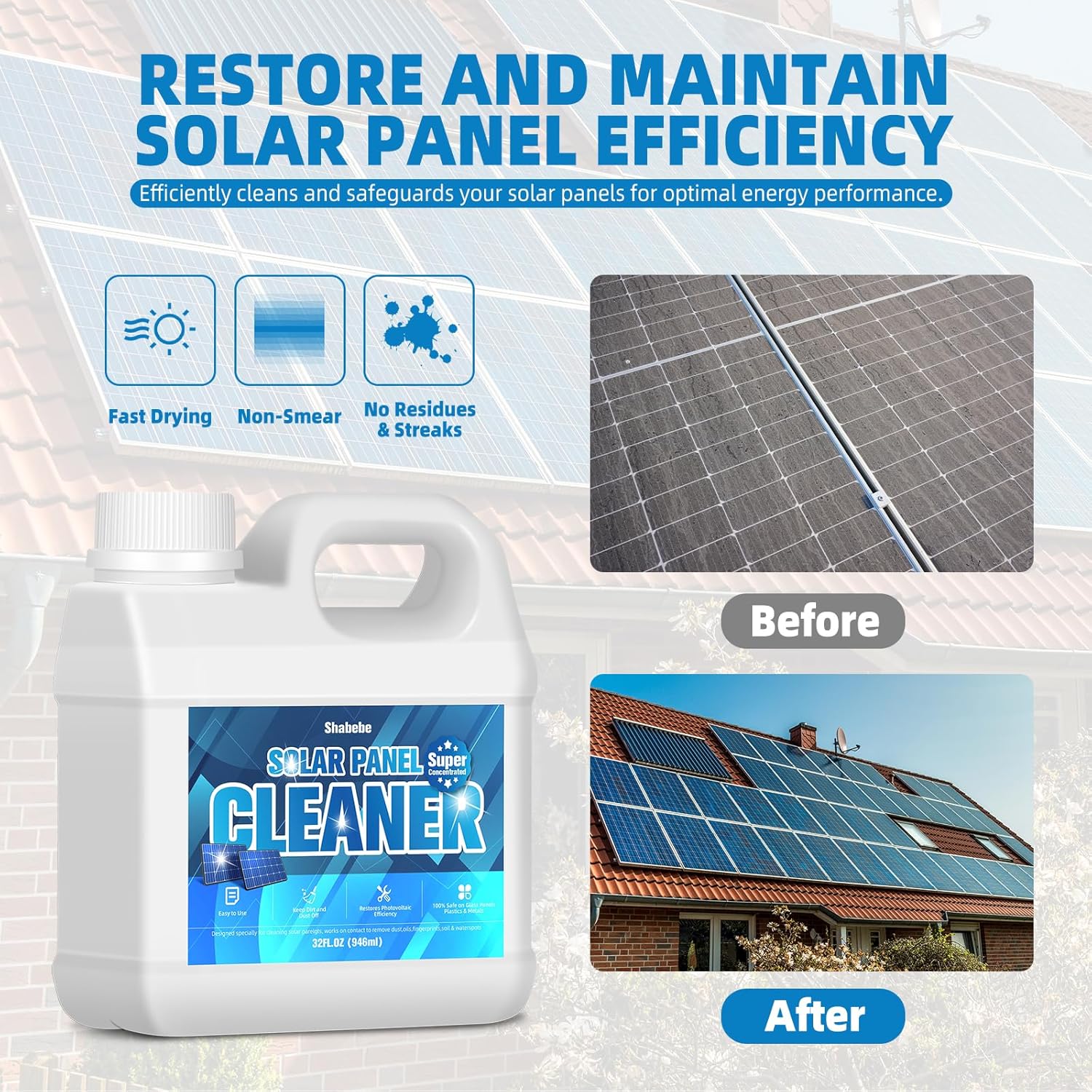 Shabebe Solar Panel Cleaner 32 oz - 20X Concentrated (Makes 150 Gallons)