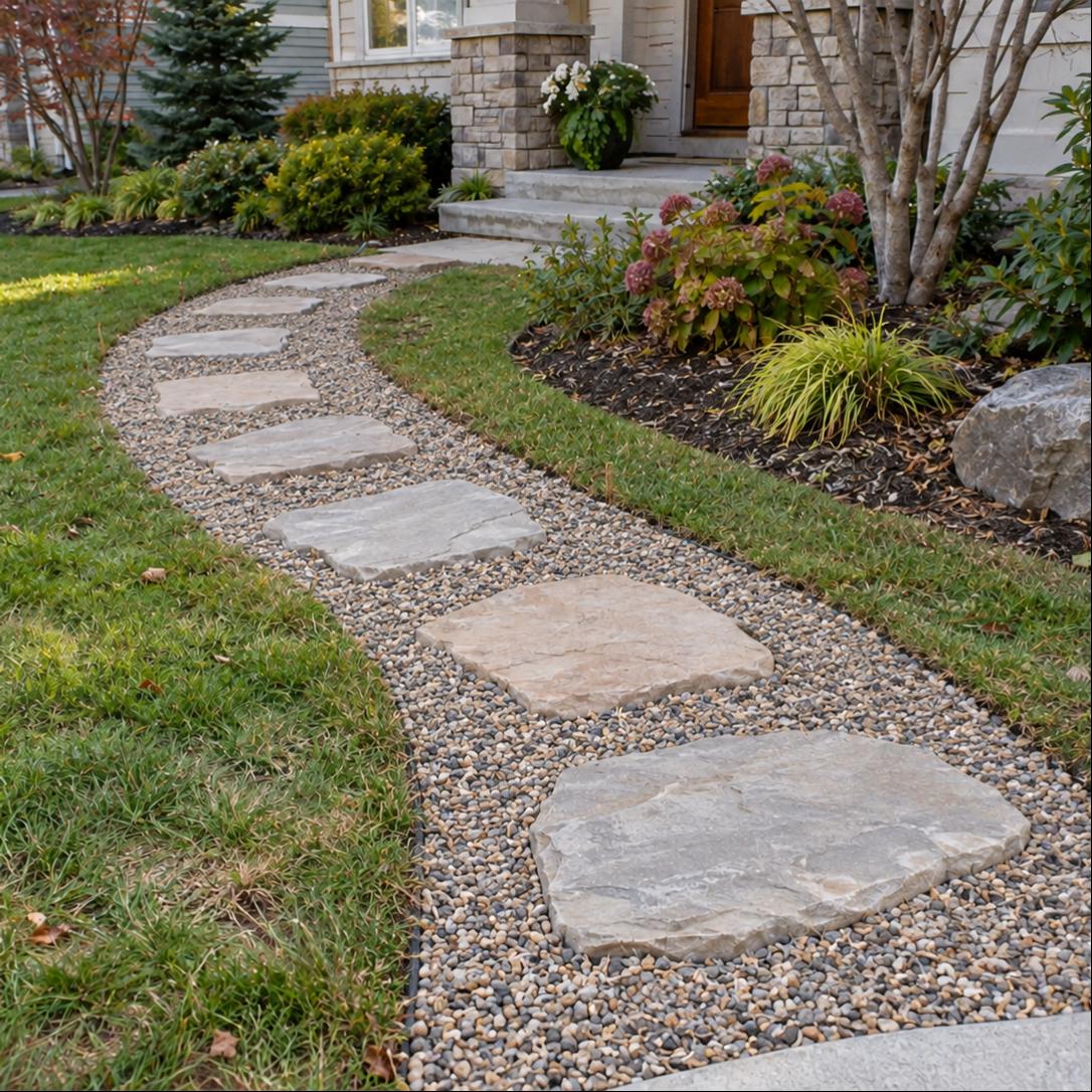 A curved stone walkway made of large natural flagstone pavers set in small gray and beige gravel, leading from a lawn toward a house entrance with landscaped shrubs and trees.