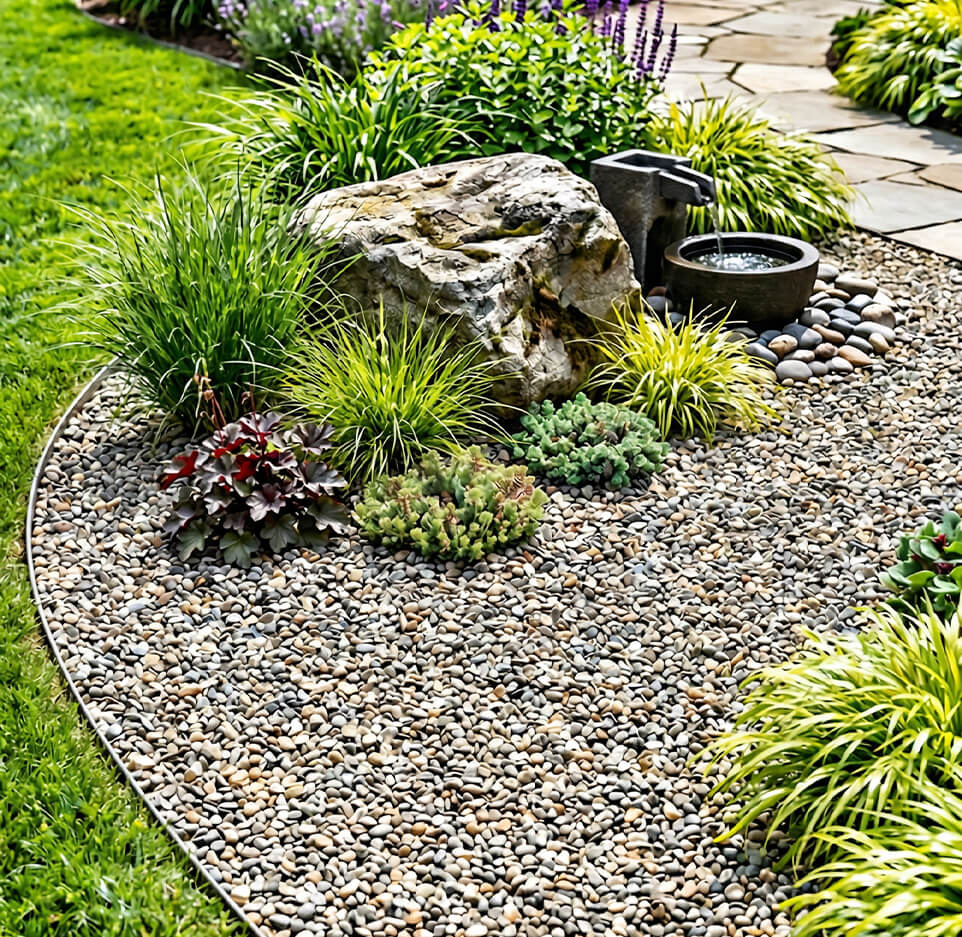 Garden with pebbles, rocks, and plants
