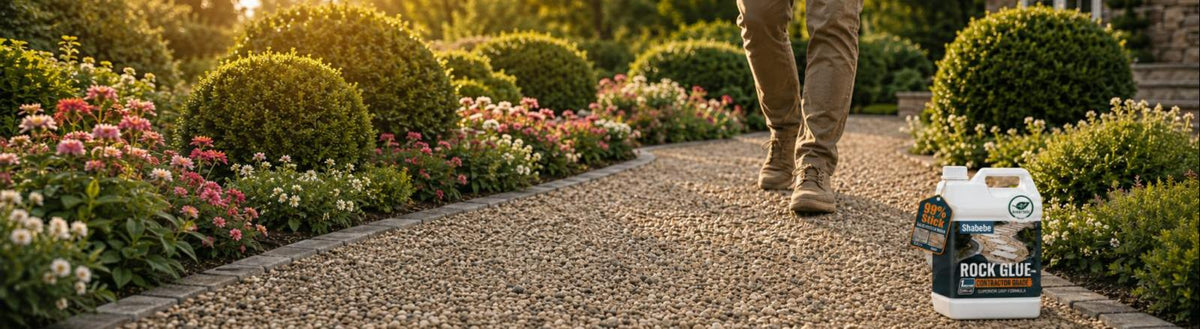 A person walking along a gravel path in a landscaped garden, with a white and blue bottle of Shabebe Rock Glue Pro placed on the ground.