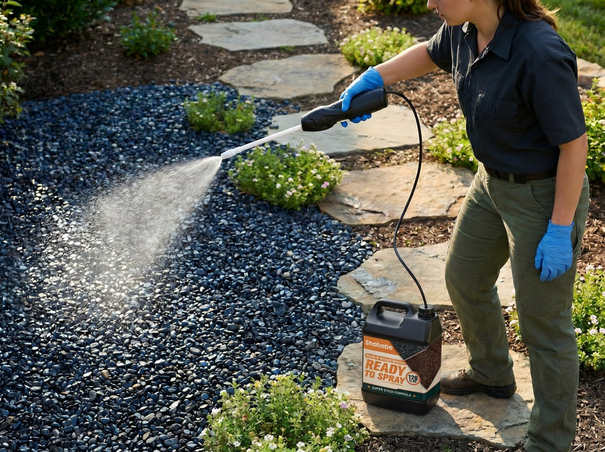 Applying ready-to-use Shabebe Mulch and Rock Glue with an electric sprayer