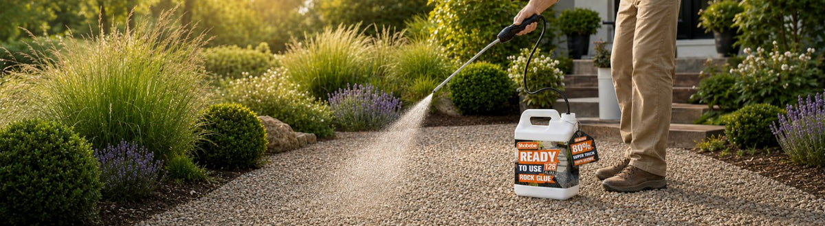 A person outdoors on a gravel path spraying Shabebe Ready to Use Rock Glue with a electric sprayer.