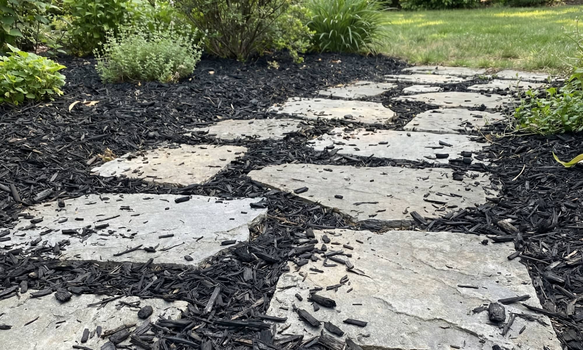 Black mulch scattered between live edge pavers along a garden path, creating a messy and untidy landscape.