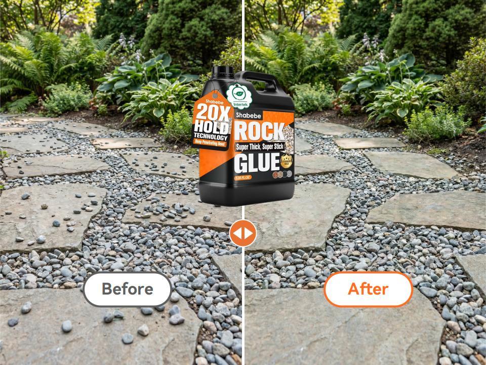 A bottle of Shabebe Rock Glue is centered over a split before-and-after garden stone path.