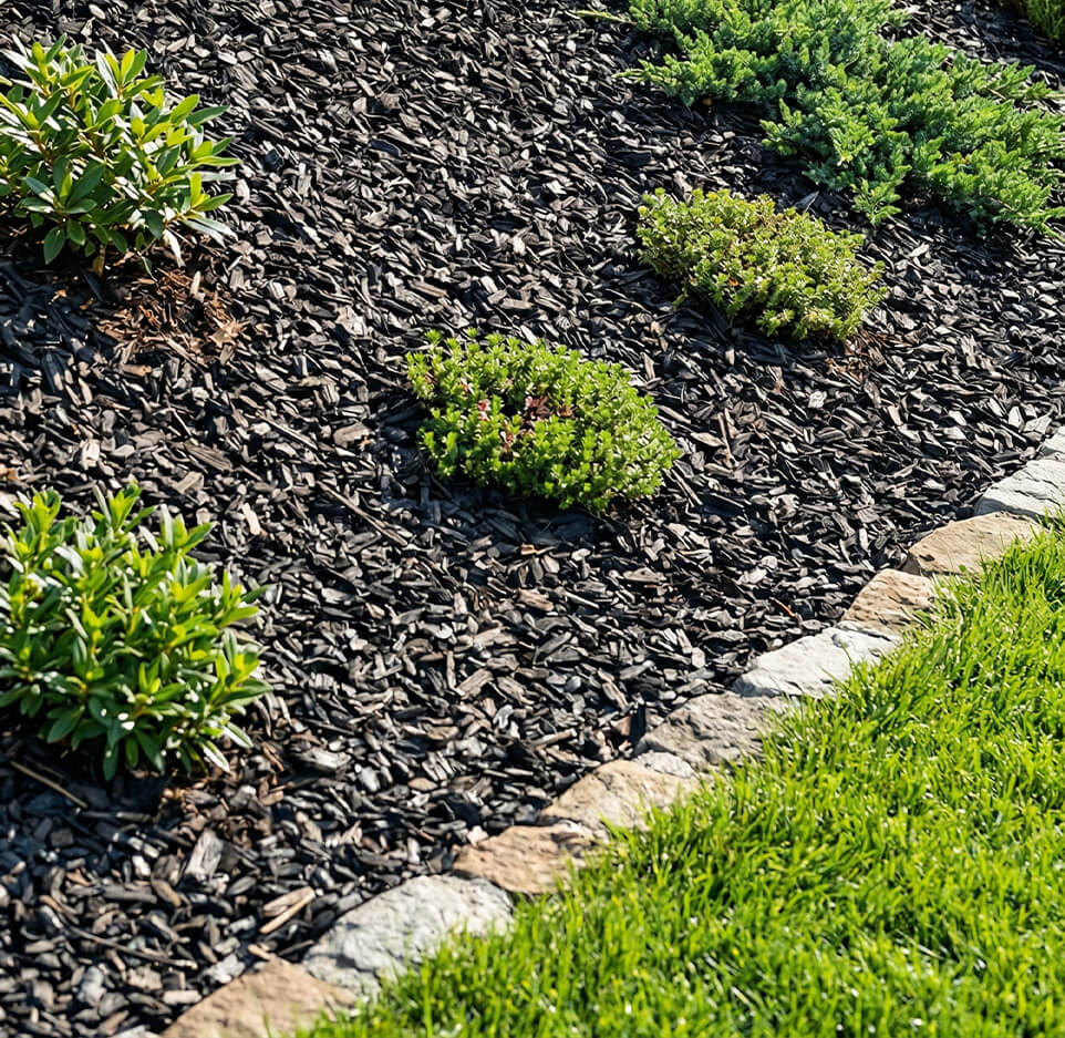 Black mulch installed on a sloped garden bed, covering the soil surface for landscape design and erosion control.