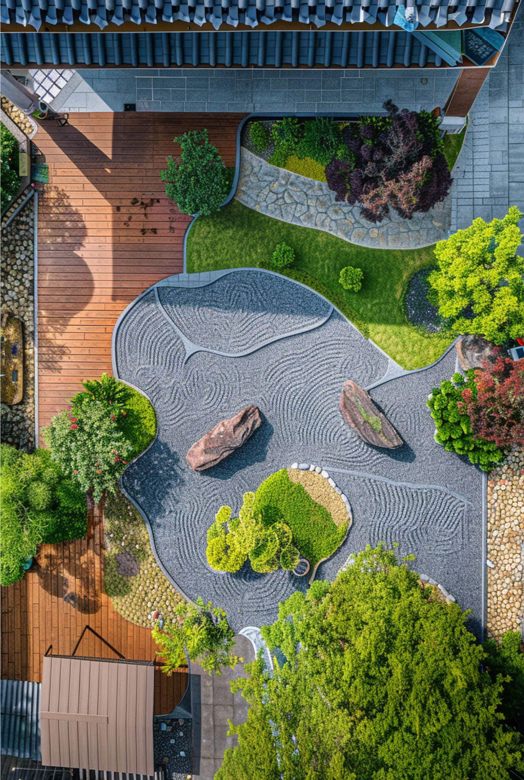 Top-down view of a home garden landscape with mulch and decorative rocks neatly arranged, showing a clean and well-maintained outdoor space designed for long-lasting outdoor living.