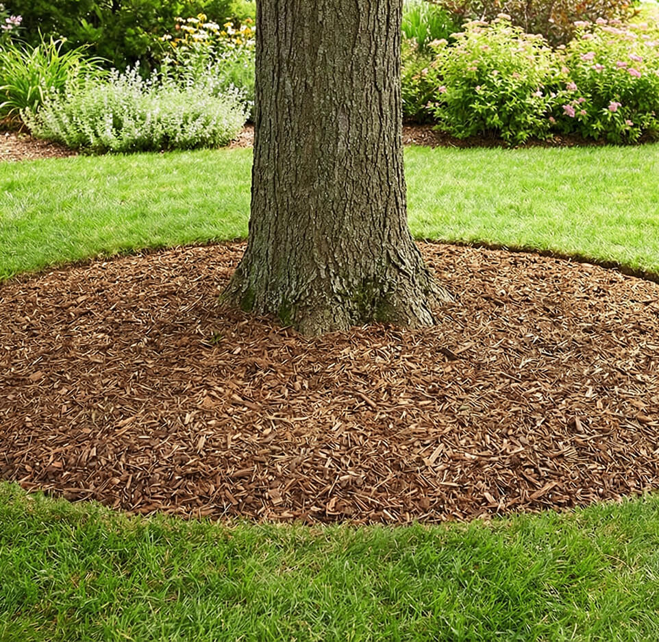 Tree trunk with mulch around its base in a garden setting