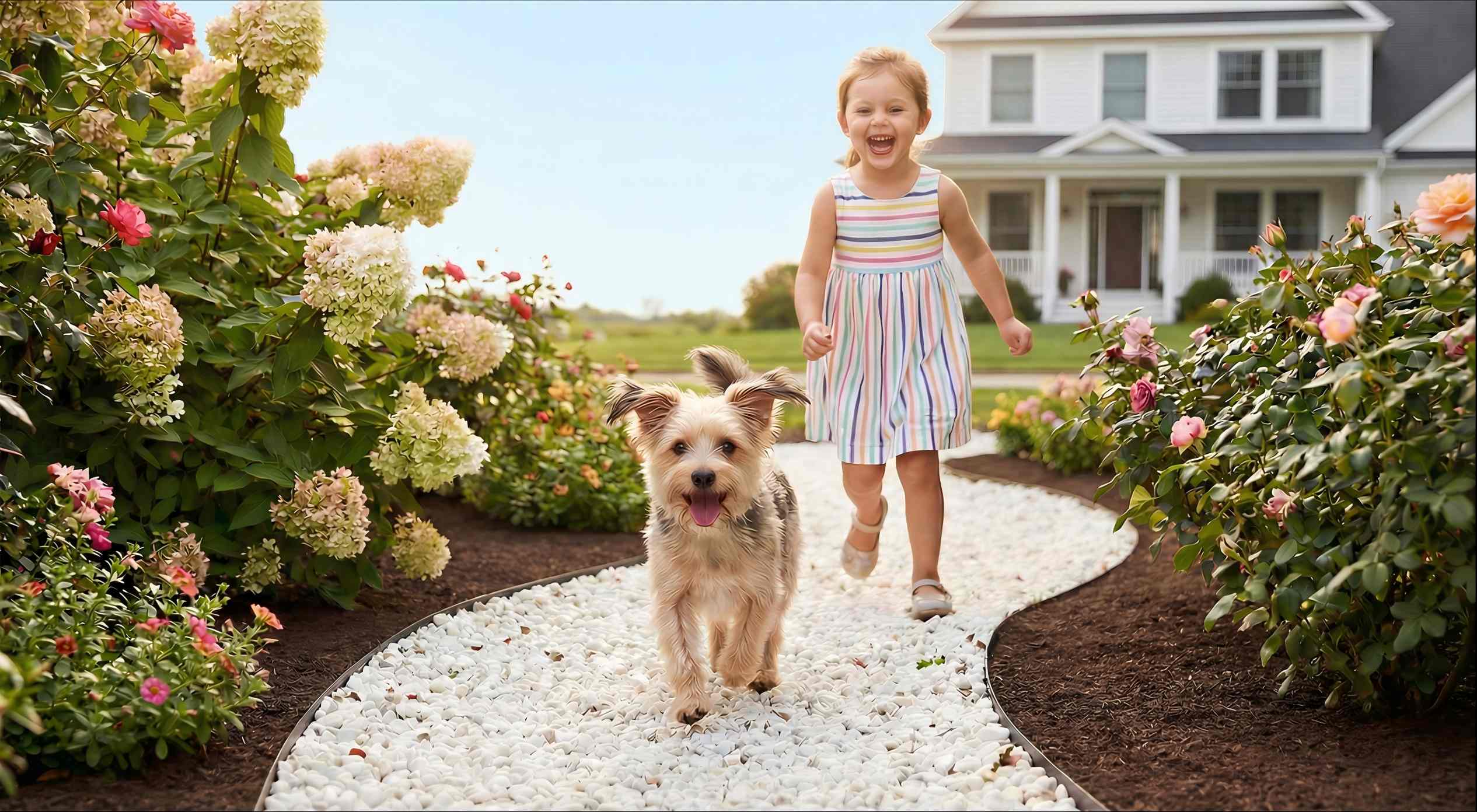 Children and a dog running along a stabilized gravel pathway treated with rock glue, with stones remaining in place and the surrounding garden bed kept clean and tidy.