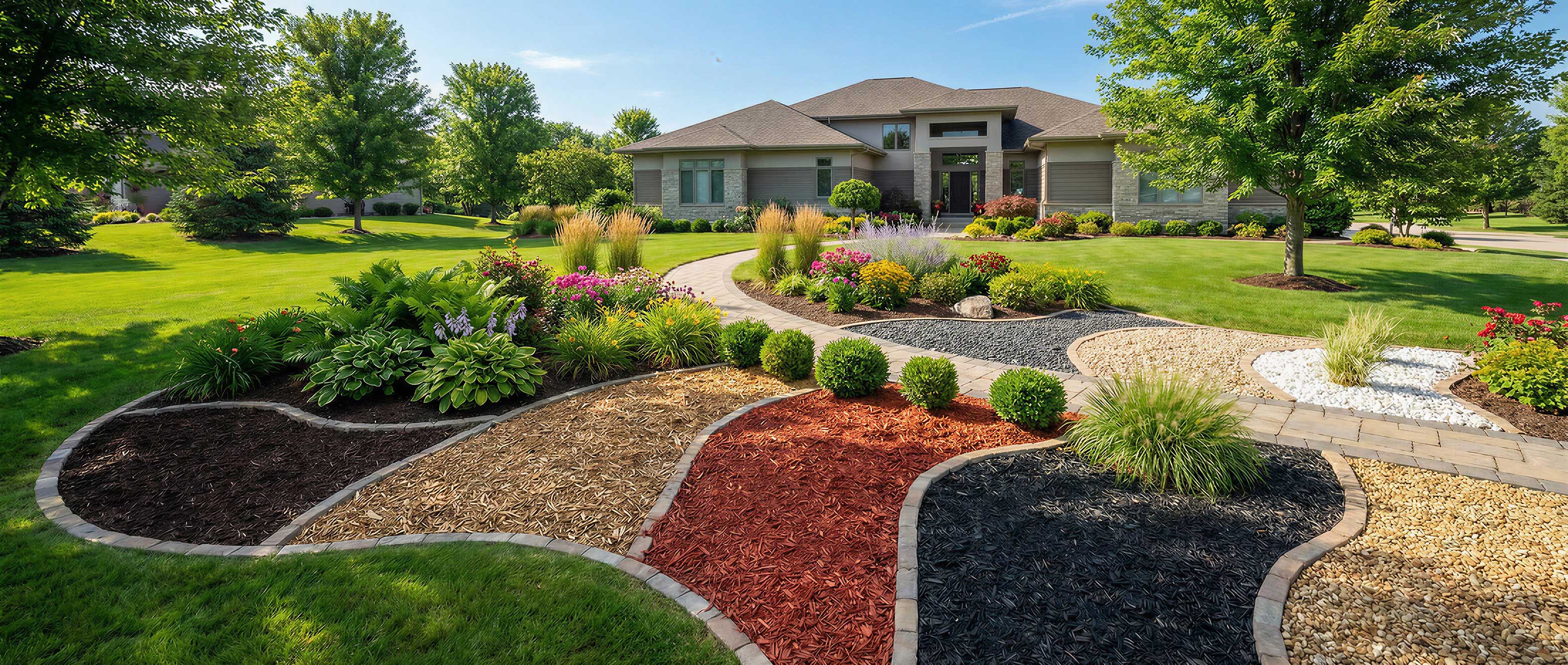 Home garden landscape featuring neatly arranged mulch and rocks installed across the ground, creating a tidy and well-maintained outdoor design.