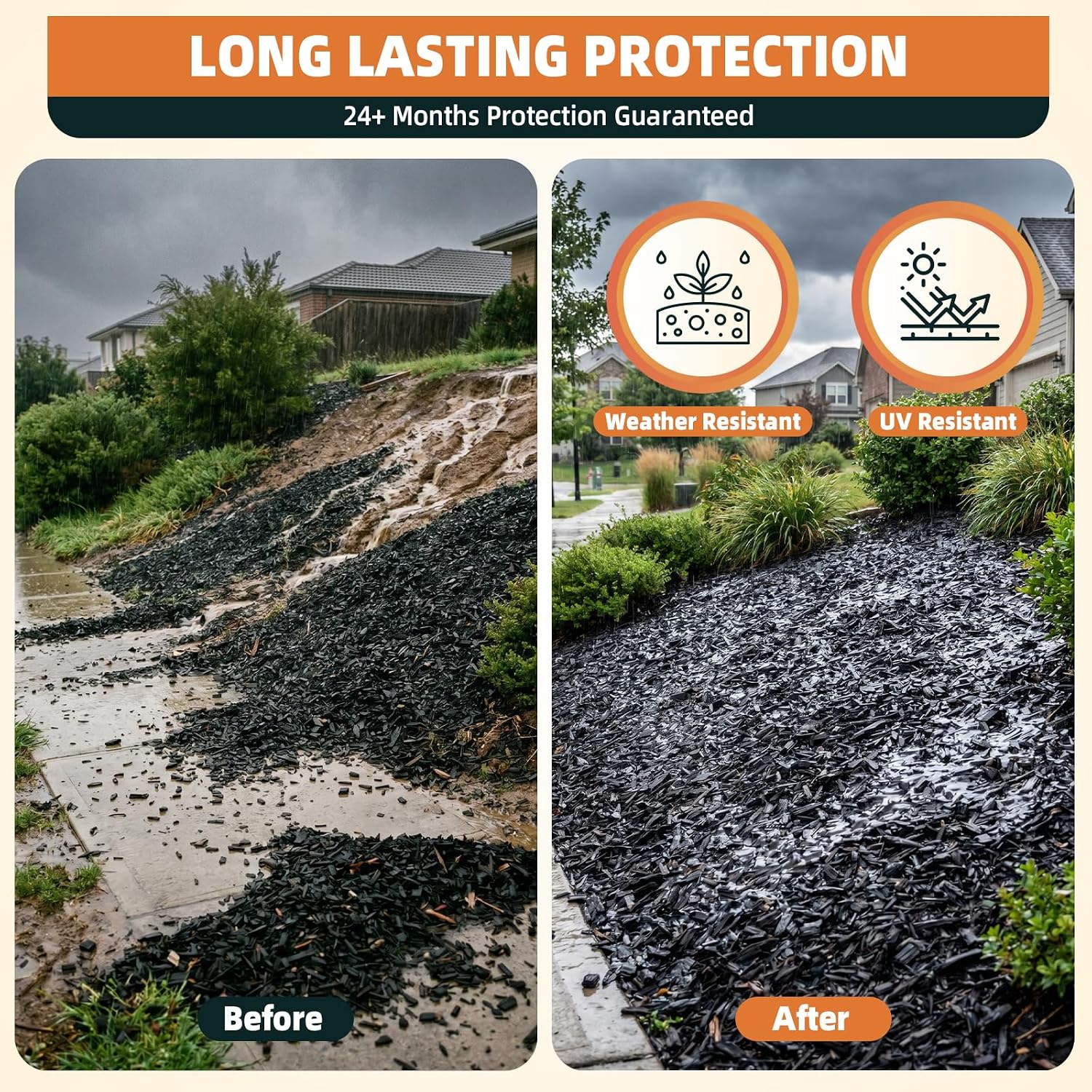 Before and after mulch stabilization with weather-resistant landscape glue