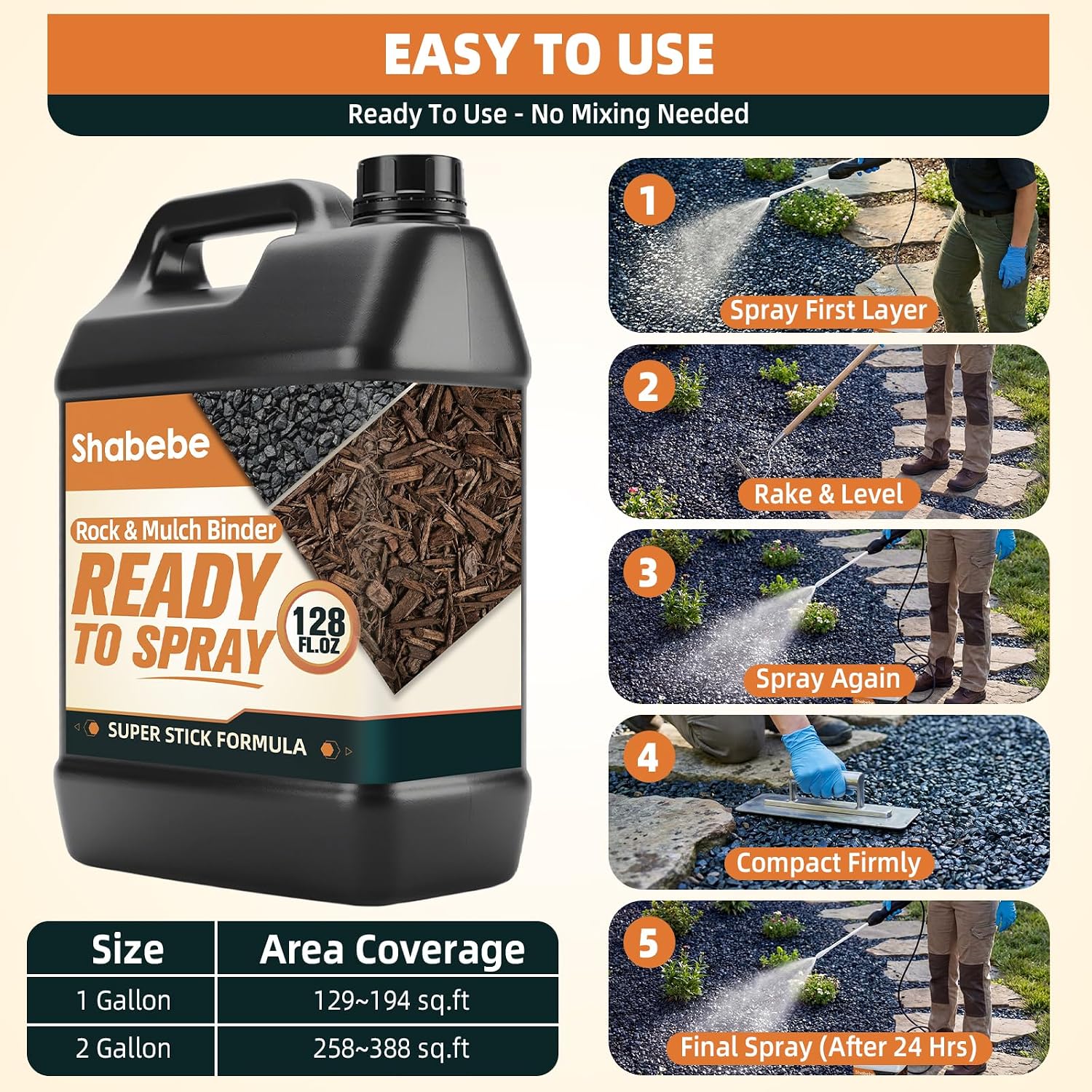 Five-step application guide and coverage chart for ready-to-use mulch and rock glue