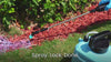 How to apply Shabebe mulch lock glue. Sprayer evenly coating red landscape mulch; a hand test after drying proves it keeps the mulch locked in place with zero movement.
