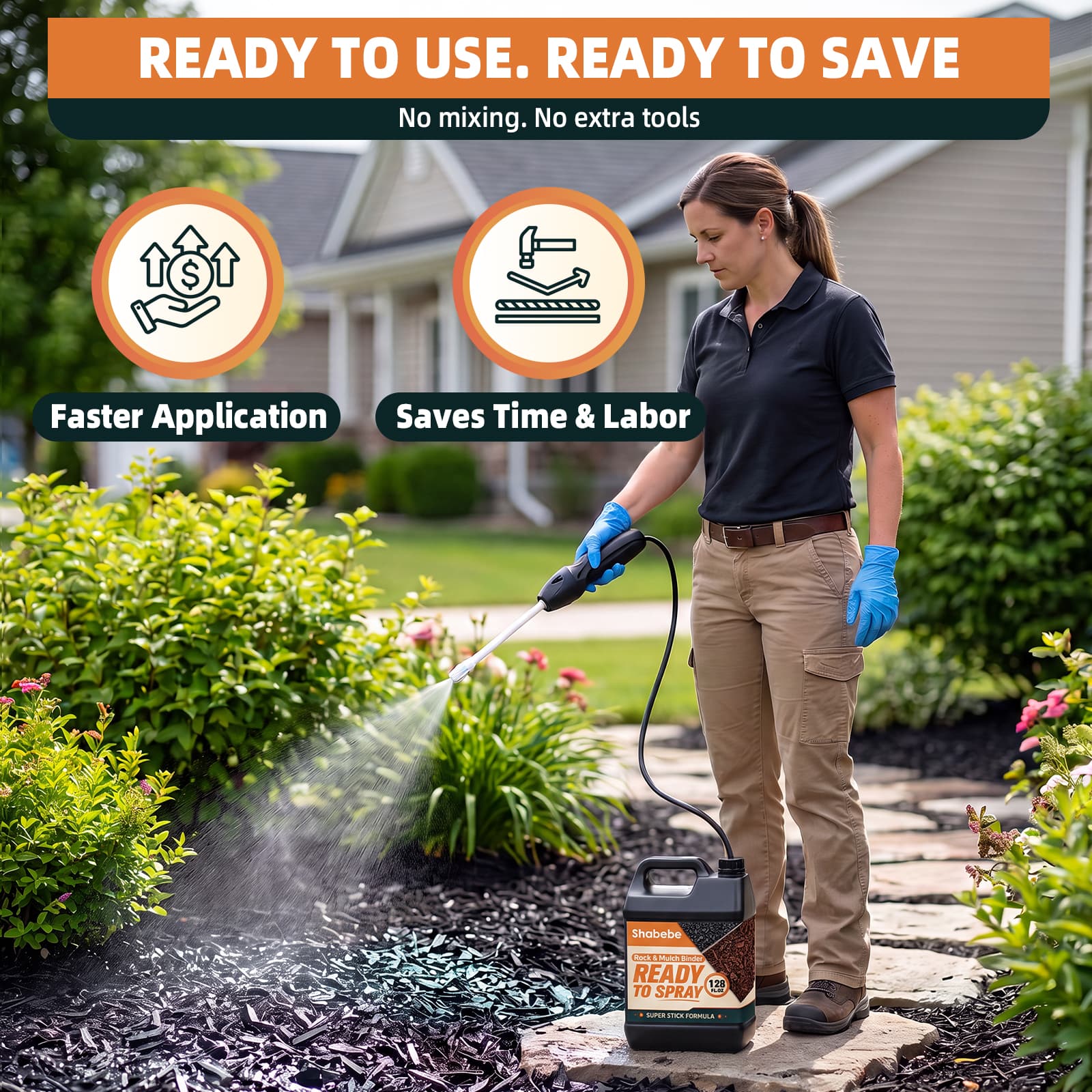 Woman applying Shabebe ready-to-use mulch and rock glue with an electric sprayer for faster landscaping coverage