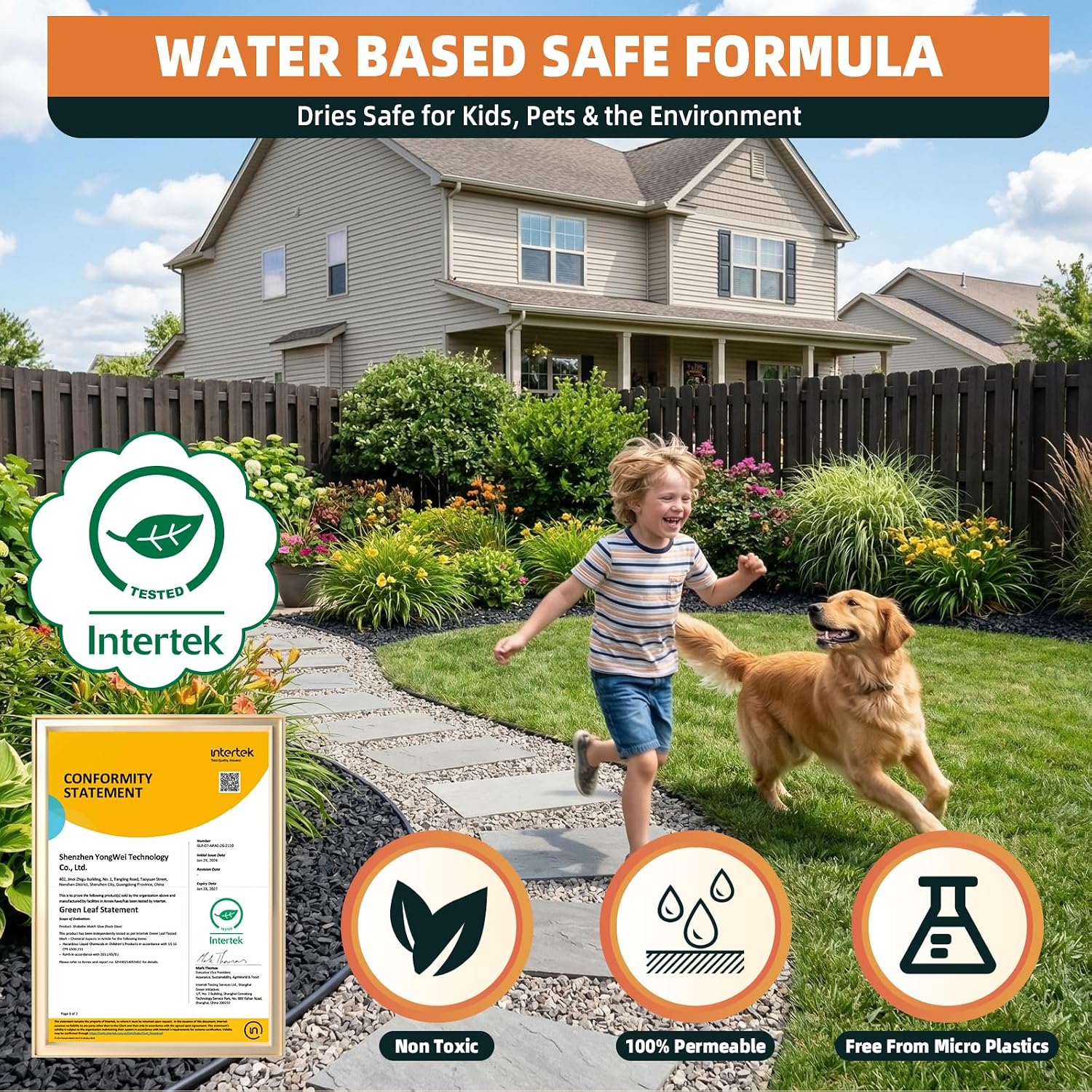 Water-based Shabebe landscape glue for mulch and rock in a family garden